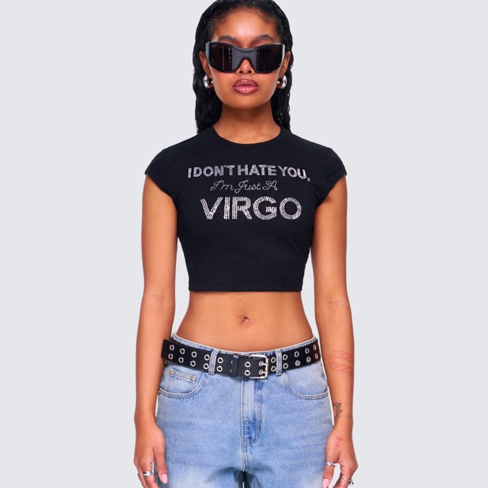 Finesse “I Don’t Hate You, I’m Just A Virgo” Rhinestone Crop Top Black Size L
